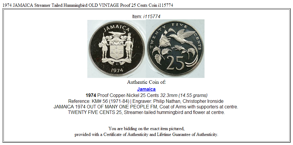 1974 JAMAICA Streamer Tailed Hummingbird OLD VINTAGE Proof 25 Cents Coin i115774