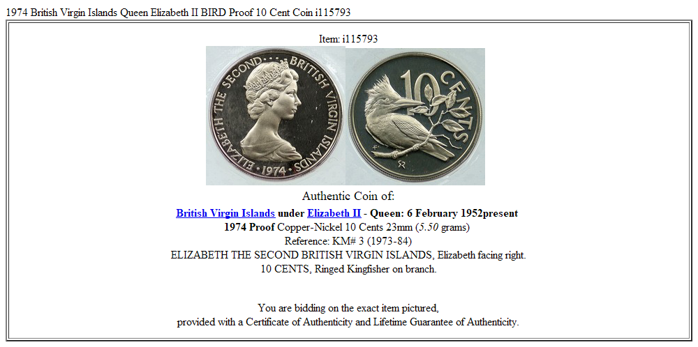 1974 British Virgin Islands Queen Elizabeth II BIRD Proof 10 Cent Coin i115793