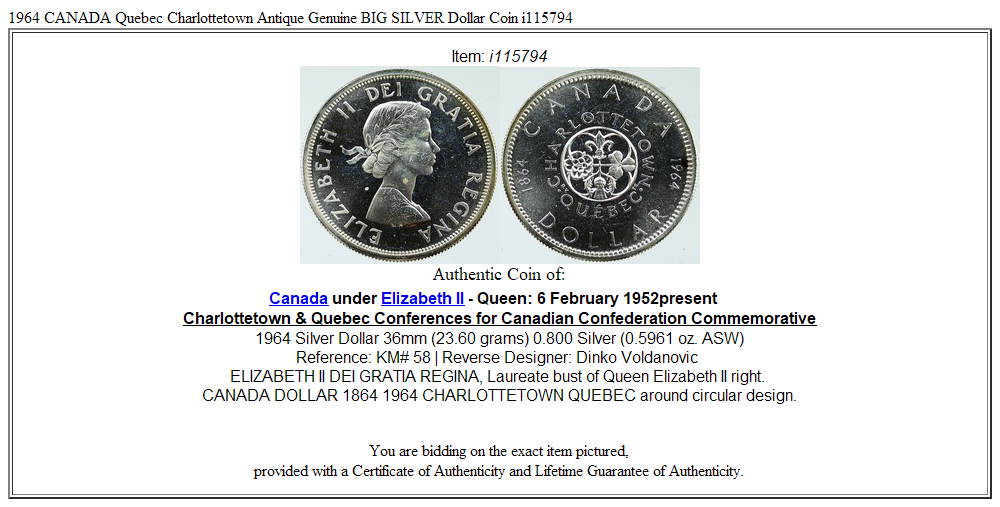 1964 CANADA Quebec Charlottetown Antique Genuine BIG SILVER Dollar Coin i115794