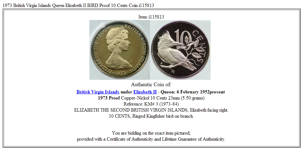 1973 British Virgin Islands Queen Elizabeth II BIRD Proof 10 Cents Coin i115813