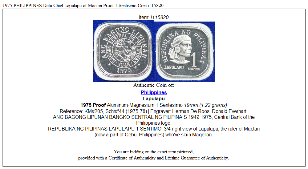 1975 PHILIPPINES Datu Chief Lapulapu of Mactan Proof 1 Sentisimo Coin i115820