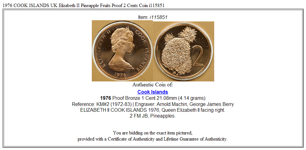 1976 COOK ISLANDS UK Elizabeth II Pineapple Fruits Proof 2 Cents Coin i115851