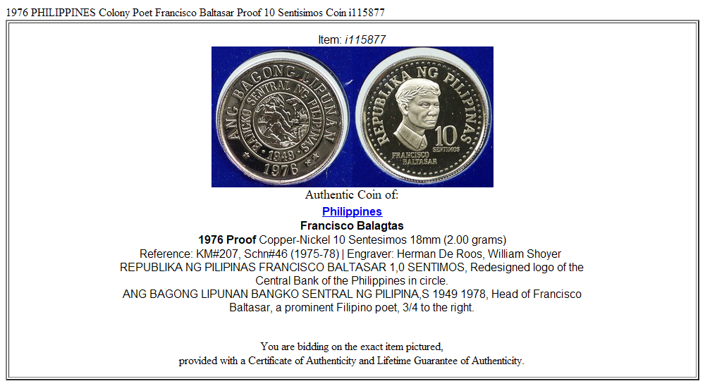 1976 PHILIPPINES Colony Poet Francisco Baltasar Proof 10 Sentisimos Coin i115877