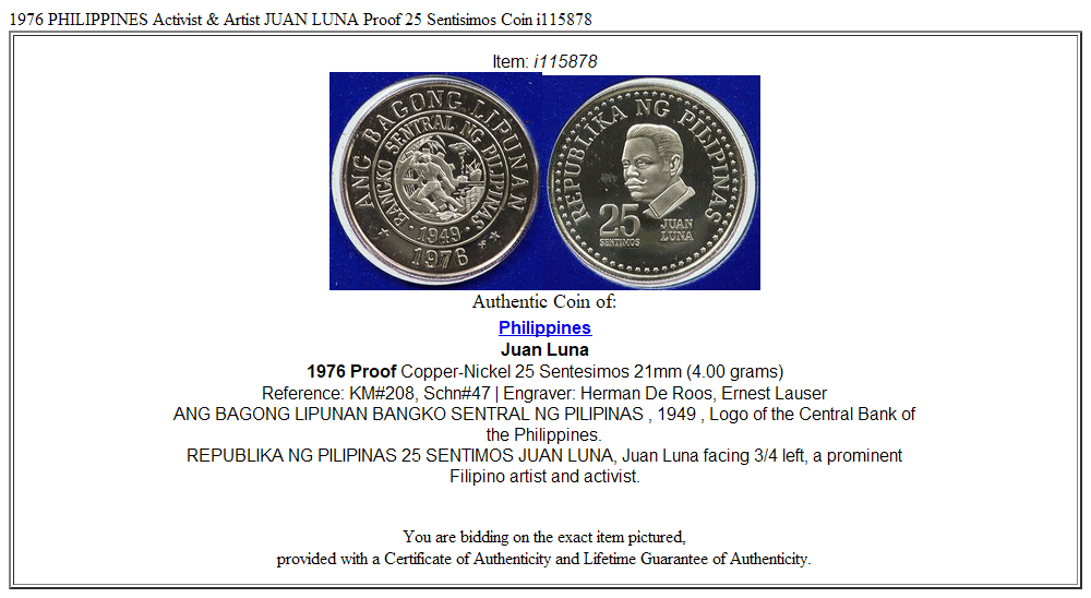 1976 PHILIPPINES Activist & Artist JUAN LUNA Proof 25 Sentisimos Coin i115878