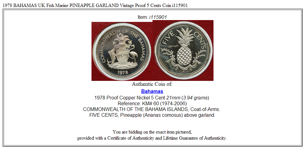 1978 BAHAMAS UK Fish Marine PINEAPPLE GARLAND Vintage Proof 5 Cents Coin i115901
