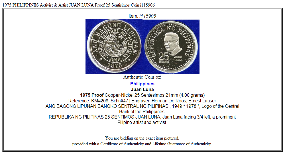 1975 PHILIPPINES Activist & Artist JUAN LUNA Proof 25 Sentisimos Coin i115906