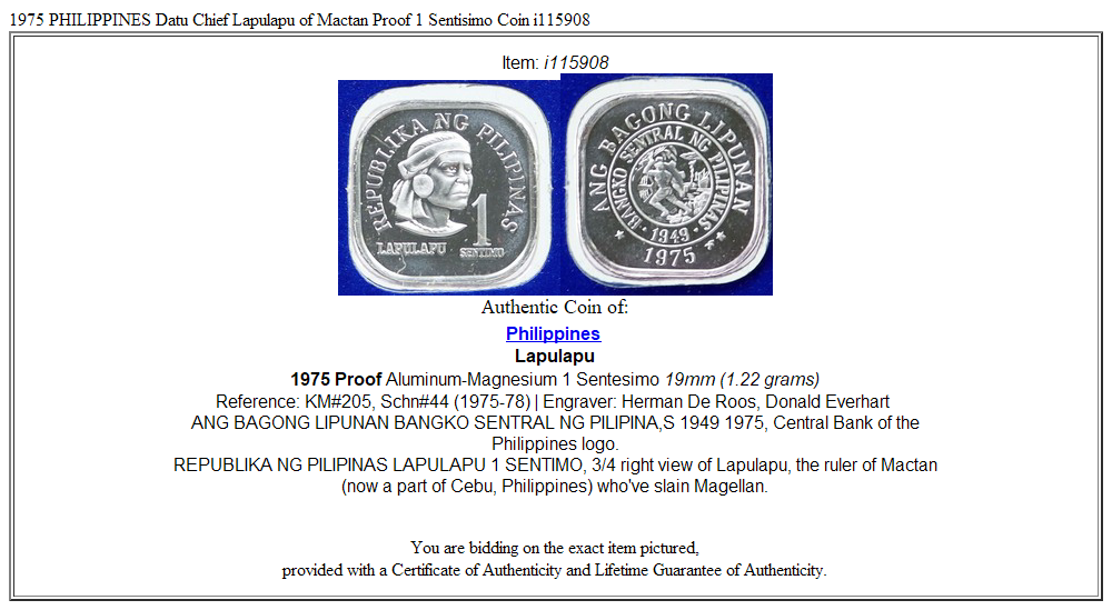 1975 PHILIPPINES Datu Chief Lapulapu of Mactan Proof 1 Sentisimo Coin i115908
