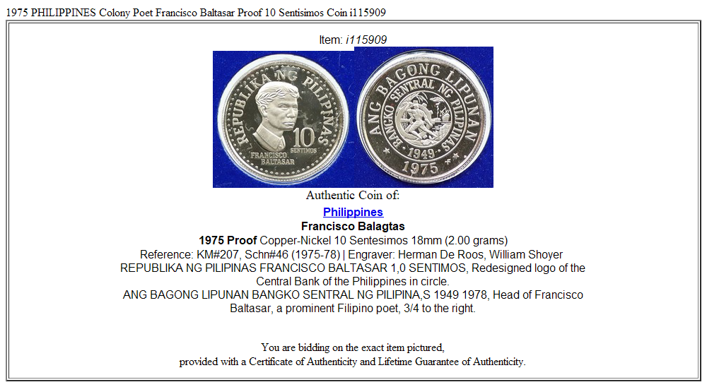 1975 PHILIPPINES Colony Poet Francisco Baltasar Proof 10 Sentisimos Coin i115909