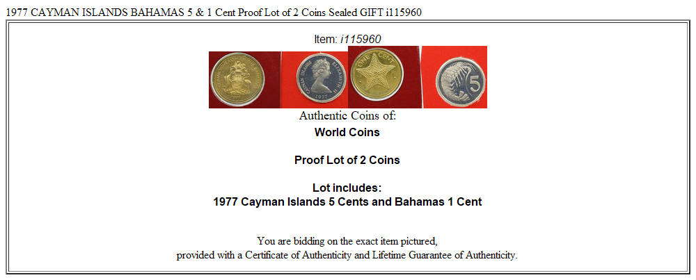 1977 CAYMAN ISLANDS BAHAMAS 5 & 1 Cent Proof Lot of 2 Coins Sealed GIFT i115960