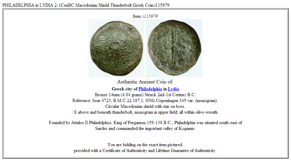 PHILADELPHIA in LYDIA 2-1CenBC Macedonian Shield Thunderbolt Greek Coin i115979