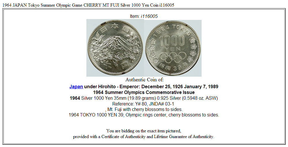 1964 JAPAN Tokyo Summer Olympic Game CHERRY MT FUJI Silver 1000 Yen Coin i116005