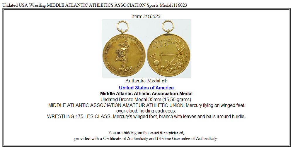 Undated USA Wrestling MIDDLE ATLANTIC ATHLETICS ASSOCIATION Sports Medal i116023