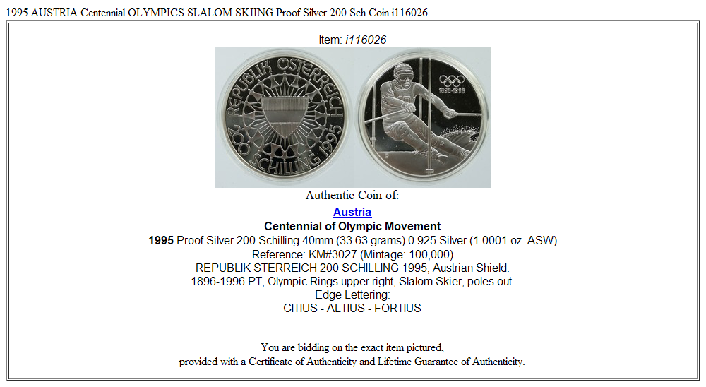 1995 AUSTRIA Centennial OLYMPICS SLALOM SKIING Proof Silver 200 Sch Coin i116026