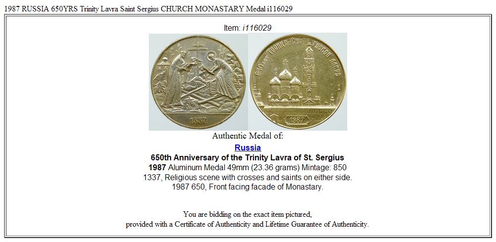 1987 RUSSIA 650YRS Trinity Lavra Saint Sergius CHURCH MONASTARY Medal i116029