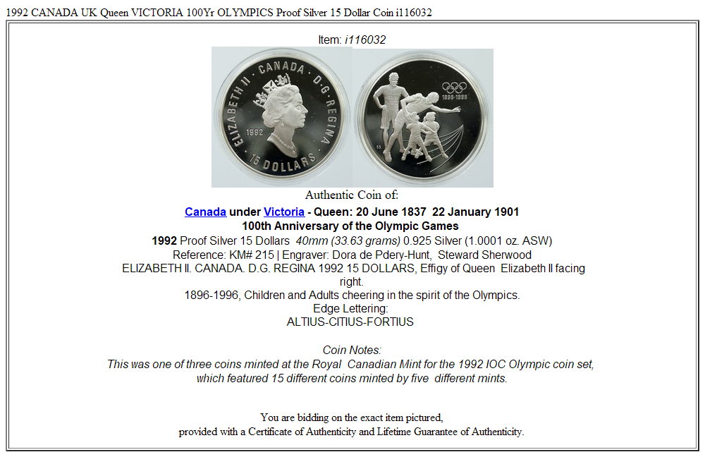 1992 CANADA UK Queen VICTORIA 100Yr OLYMPICS Proof Silver 15 Dollar Coin i116032