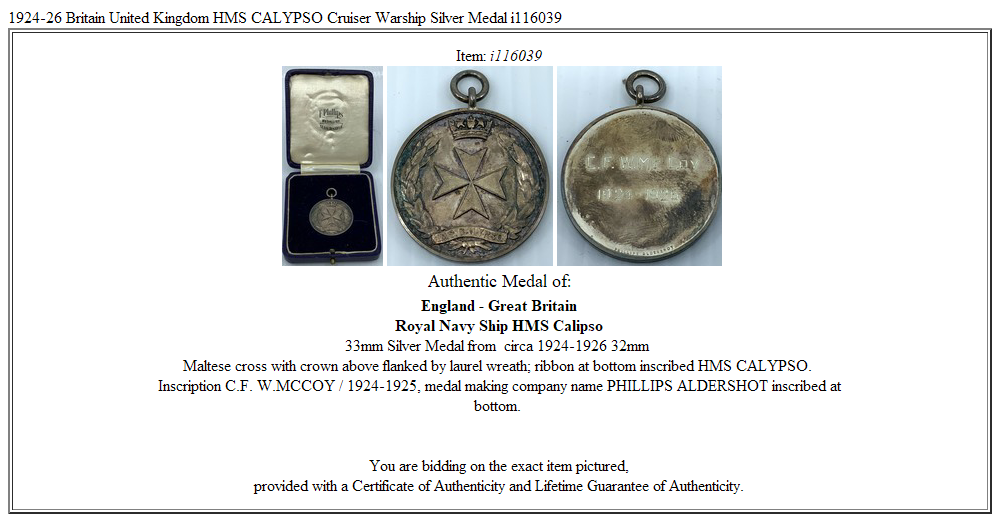 1924-26 Britain United Kingdom HMS CALYPSO Cruiser Warship Silver Medal i116039