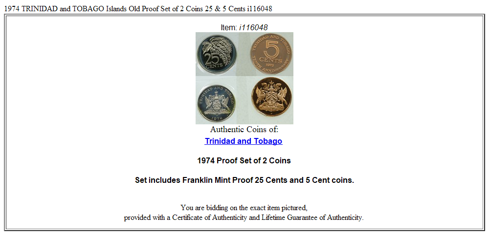 1974 TRINIDAD and TOBAGO Islands Old Proof Set of 2 Coins 25 & 5 Cents i116048