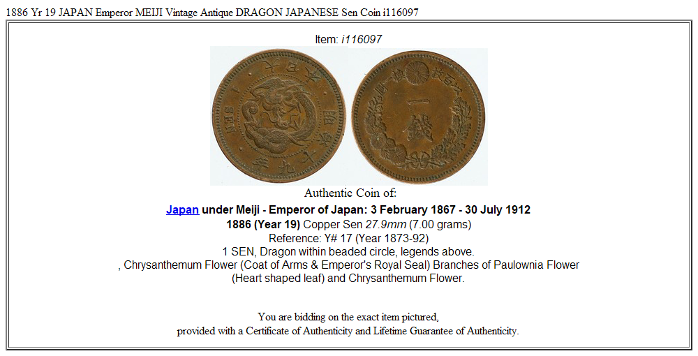 1886 Yr 19 JAPAN Emperor MEIJI Vintage Antique DRAGON JAPANESE Sen Coin i116097