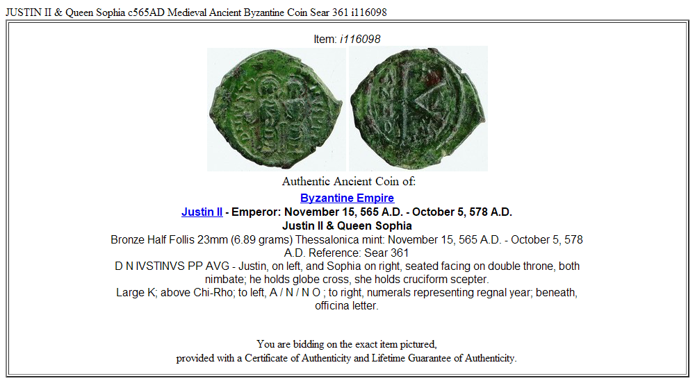 JUSTIN II & Queen Sophia c565AD Medieval Ancient Byzantine Coin Sear 361 i116098