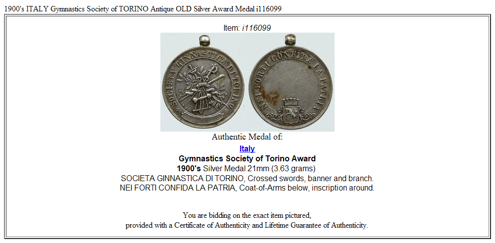 1900's ITALY Gymnastics Society of TORINO Antique OLD Silver Award Medal i116099