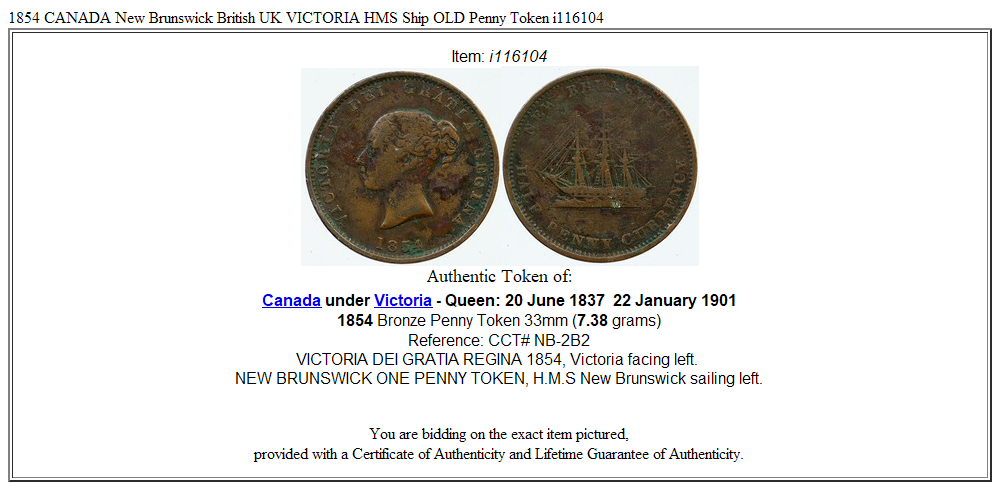 1854 CANADA New Brunswick British UK VICTORIA HMS Ship OLD Penny Token i116104