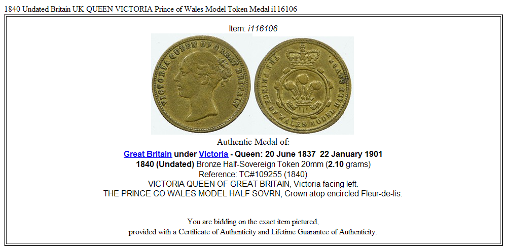 1840 Undated Britain UK QUEEN VICTORIA Prince of Wales Model Token Medal i116106