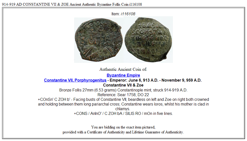 914-919 AD CONSTANTINE VII & ZOE Ancient Authentic Byzantine Follis Coin i116108