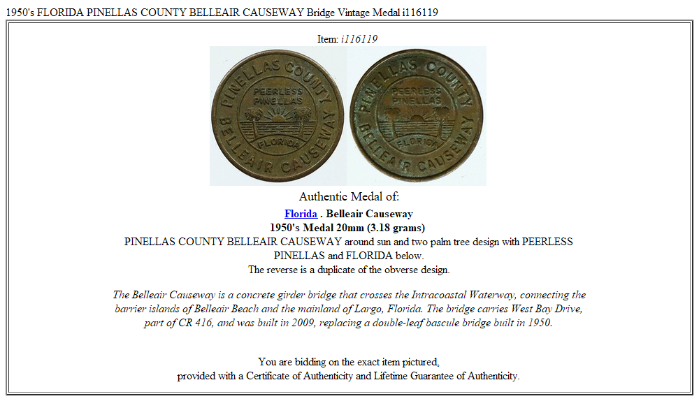 1950's FLORIDA PINELLAS COUNTY BELLEAIR CAUSEWAY Bridge Vintage Medal i116119