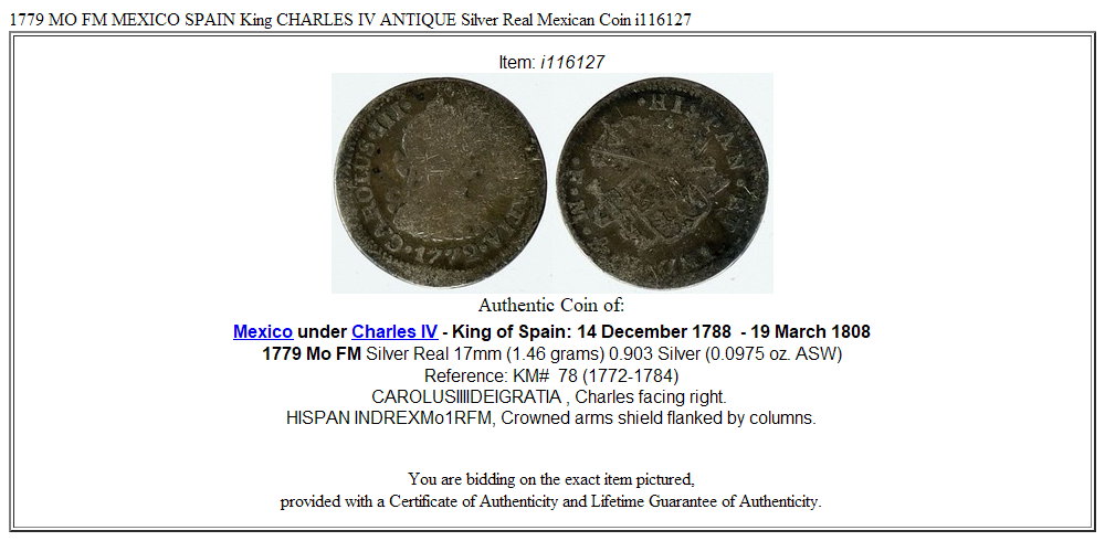 1779 MO FM MEXICO SPAIN King CHARLES IV ANTIQUE Silver Real Mexican Coin i116127
