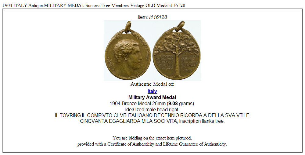 1904 ITALY Antique MILITARY MEDAL Success Tree Members Vintage OLD Medal i116128