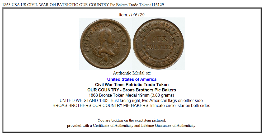 1863 USA US CIVIL WAR Old PATRIOTIC OUR COUNTRY Pie Bakers Trade Token i116129