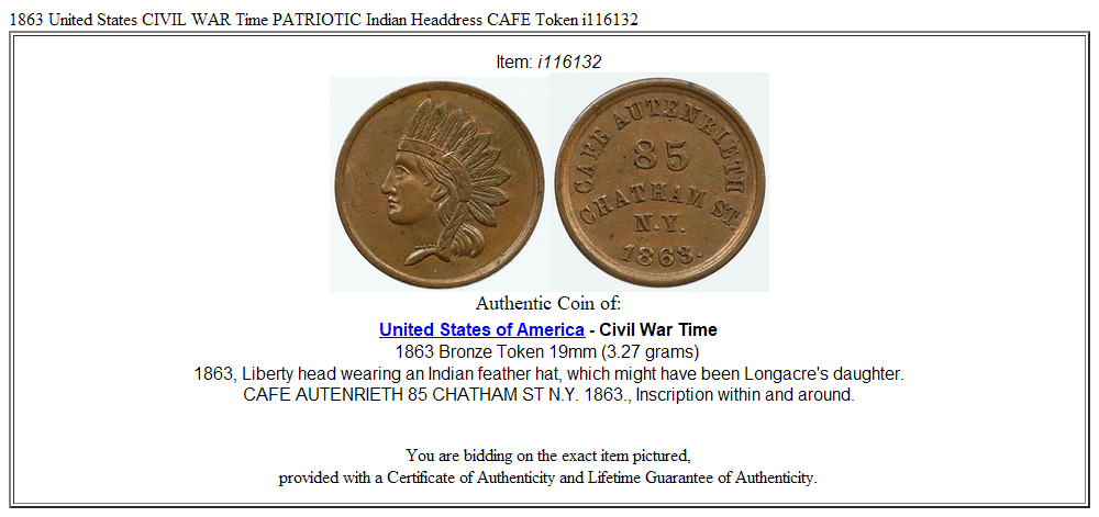 1863 United States CIVIL WAR Time PATRIOTIC Indian Headdress CAFE Token i116132