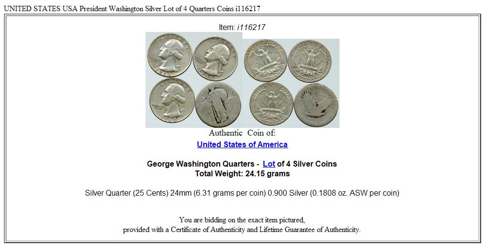 UNITED STATES USA President Washington Silver Lot of 4 Quarters Coins i116217