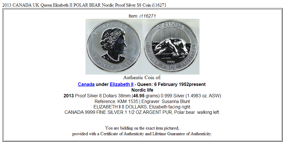 2013 CANADA UK Queen Elizabeth II POLAR BEAR Nordic Proof Silver $8 Coin i116271