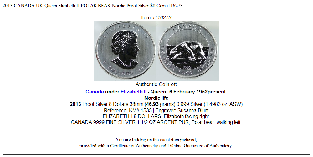 2013 CANADA UK Queen Elizabeth II POLAR BEAR Nordic Proof Silver $8 Coin i116273