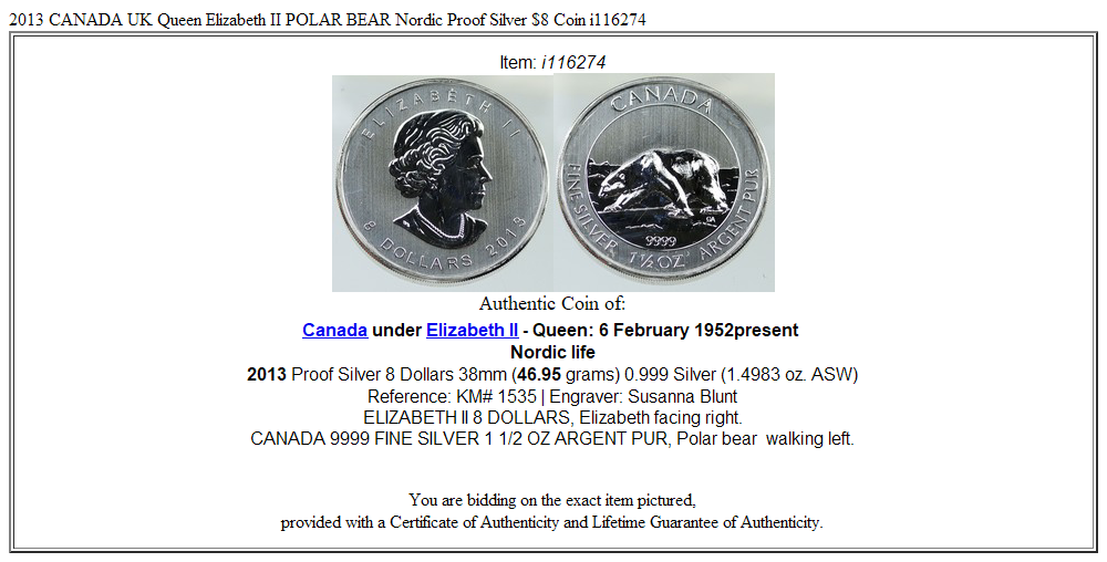 2013 CANADA UK Queen Elizabeth II POLAR BEAR Nordic Proof Silver $8 Coin i116274