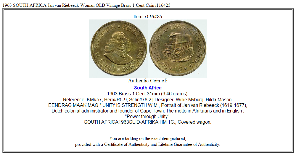 1963 SOUTH AFRICA Jan van Riebeeck Woman OLD Vintage Brass 1 Cent Coin i116425