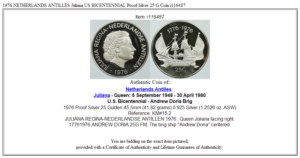 1976 NETHERLANDS ANTILLES Juliana US BICENTENNIAL Proof Silver 25 G Coin i116487