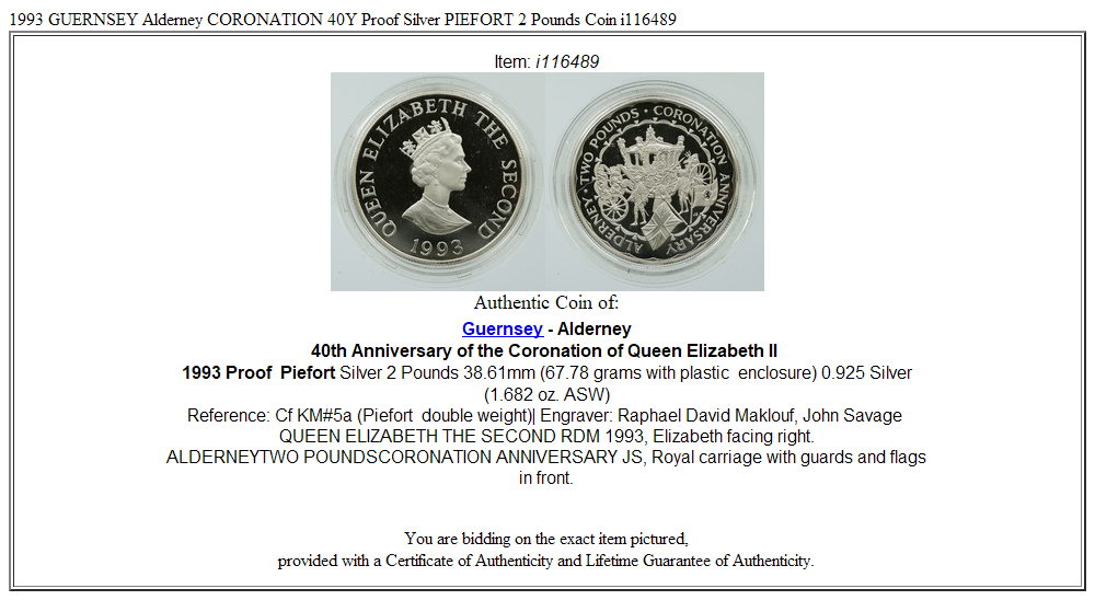 1993 GUERNSEY Alderney CORONATION 40Y Proof Silver PIEFORT 2 Pounds Coin i116489