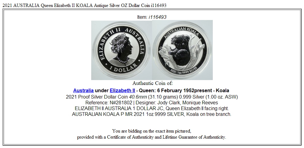 2021 AUSTRALIA Queen Elizabeth II KOALA Antique Silver OZ Dollar Coin i116493