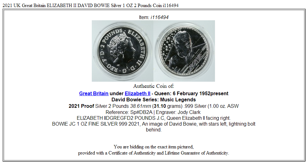 2021 UK Great Britain ELIZABETH II DAVID BOWIE Silver 1 OZ 2 Pounds Coin i116494