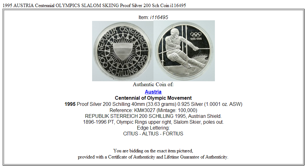 1995 AUSTRIA Centennial OLYMPICS SLALOM SKIING Proof Silver 200 Sch Coin i116495