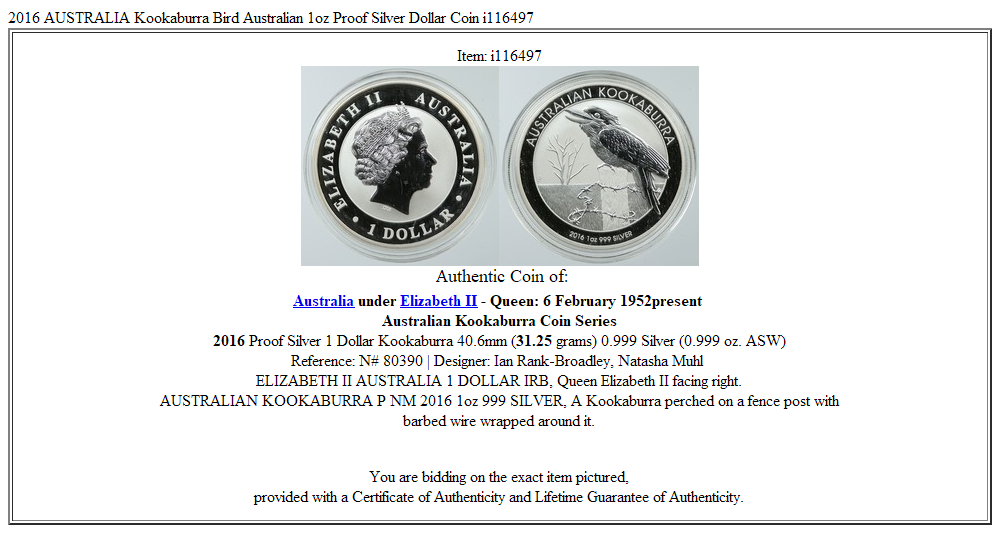 2016 AUSTRALIA Kookaburra Bird Australian 1oz Proof Silver Dollar Coin i116497