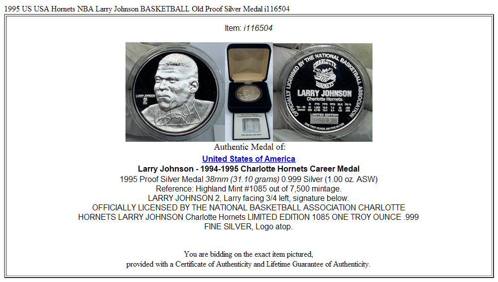 1995 US USA Hornets NBA Larry Johnson BASKETBALL Old Proof Silver Medal i116504