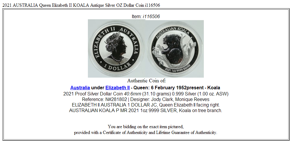 2021 AUSTRALIA Queen Elizabeth II KOALA Antique Silver OZ Dollar Coin i116506