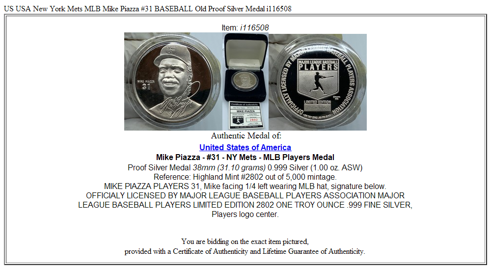 US USA New York Mets MLB Mike Piazza #31 BASEBALL Old Proof Silver Medal i116508