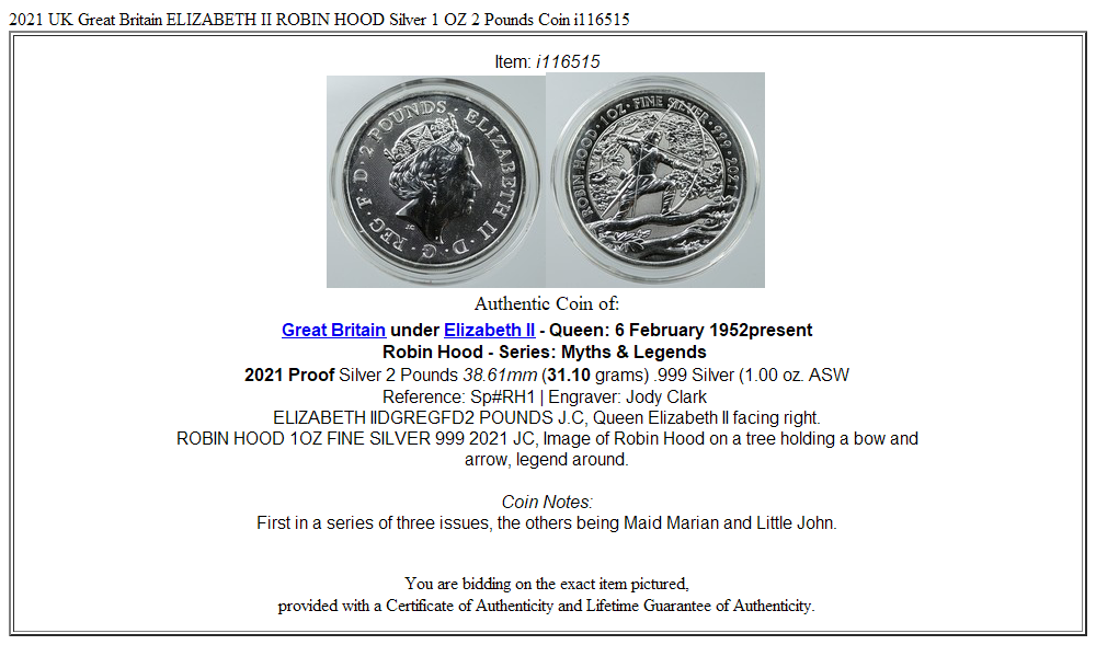 2021 UK Great Britain ELIZABETH II ROBIN HOOD Silver 1 OZ 2 Pounds Coin i116515