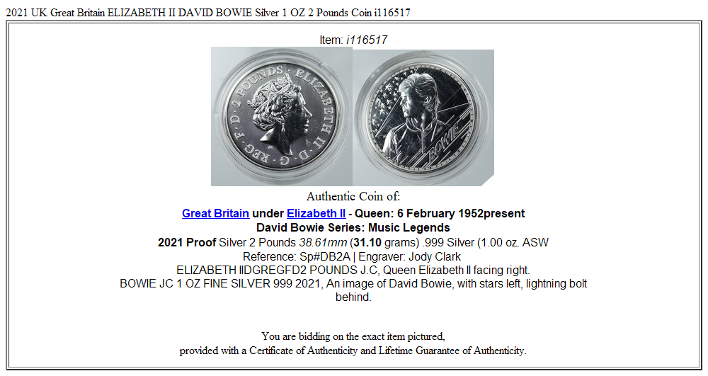 2021 UK Great Britain ELIZABETH II DAVID BOWIE Silver 1 OZ 2 Pounds Coin i116517