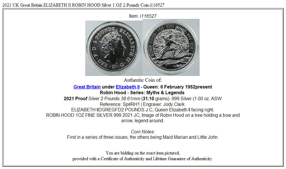 2021 UK Great Britain ELIZABETH II ROBIN HOOD Silver 1 OZ 2 Pounds Coin i116527