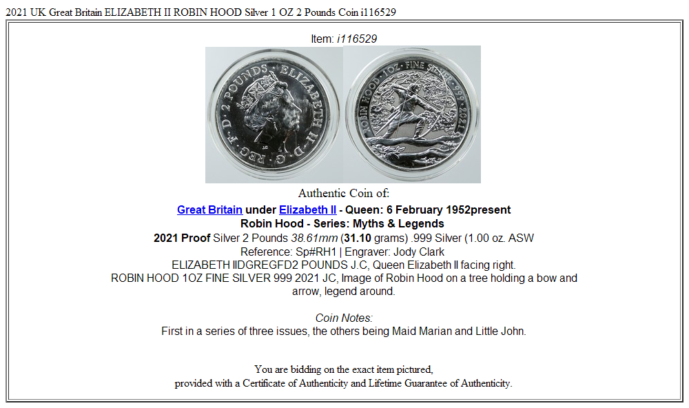 2021 UK Great Britain ELIZABETH II ROBIN HOOD Silver 1 OZ 2 Pounds Coin i116529